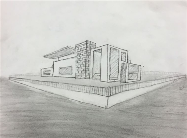 The image is of a very modern structure drawn in pencil on white paper. The craftsmanship is clean and the work showcases the student's understanding of how to create the illusion of a 3D building using straight lines and 2-Point Perspective.